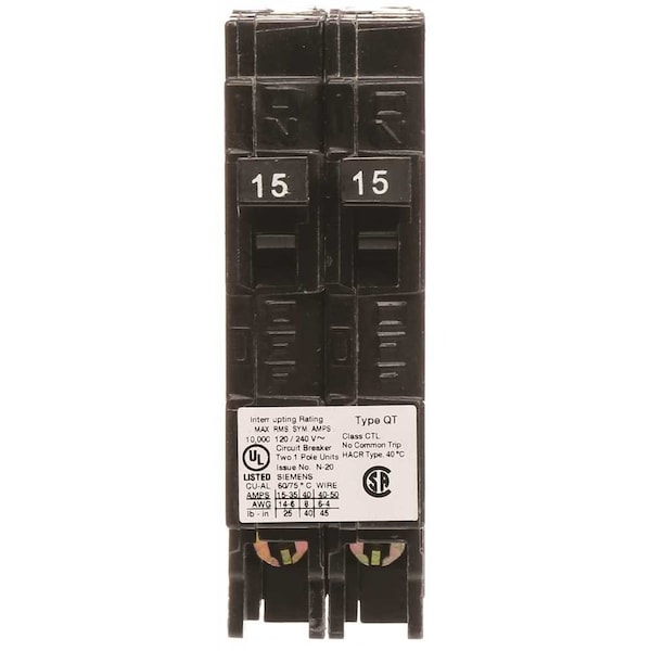 Circuit Breaker, QT Series, 15A, 1 Pole, 120V AC